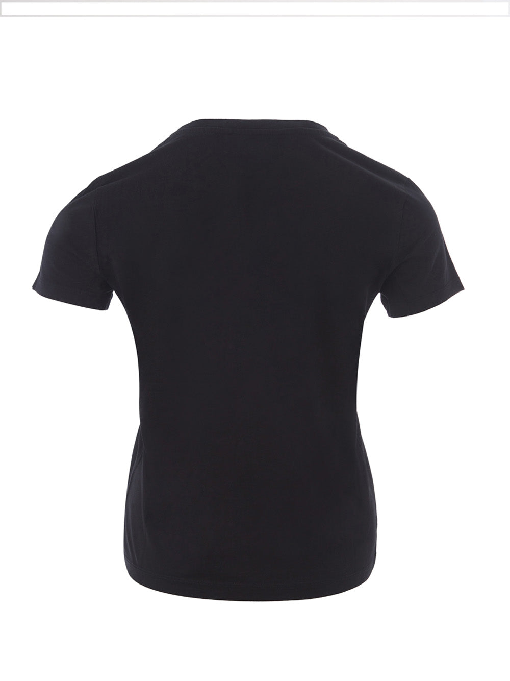 Schwarzes T-Shirt aus Baumwolle mit kontrastierendem Augendruck auf der Vorderseite