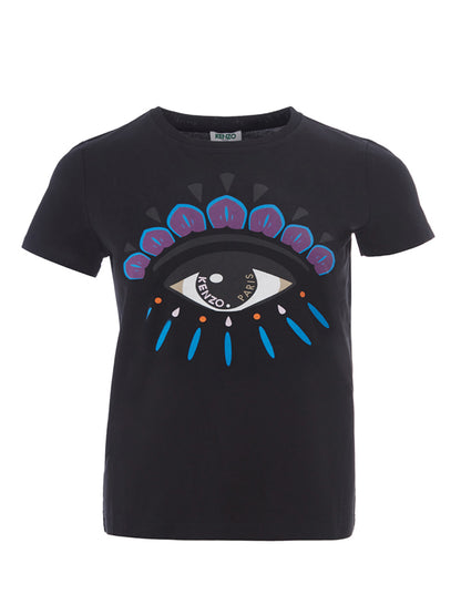 Schwarzes T-Shirt aus Baumwolle mit kontrastierendem Augendruck auf der Vorderseite
