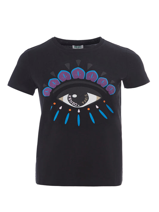 Schwarzes T-Shirt aus Baumwolle mit kontrastierendem Augendruck auf der Vorderseite