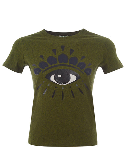 Grünes T-Shirt aus Baumwolle mit kontrastierendem Augendruck auf der Vorderseite