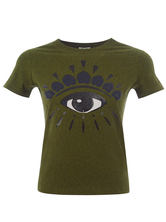 Grünes T-Shirt aus Baumwolle mit kontrastierendem Augendruck auf der Vorderseite