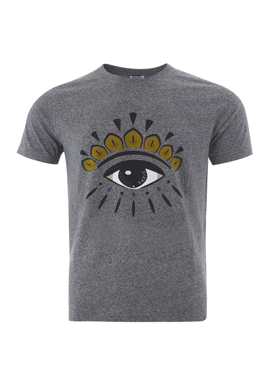 Graues T-Shirt aus Baumwolle mit kontrastierendem Augendruck auf der Vorderseite