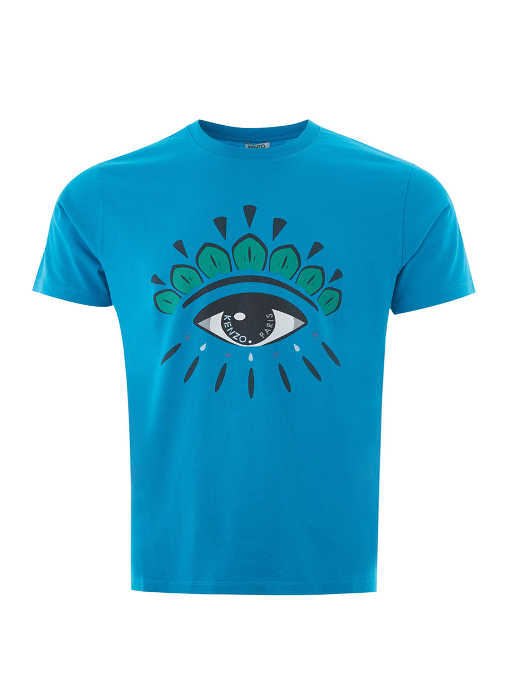 Blaues T-Shirt aus Baumwolle mit kontrastierendem Augendruck auf der Vorderseite