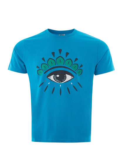 Blaues T-Shirt aus Baumwolle mit kontrastierendem Augendruck auf der Vorderseite