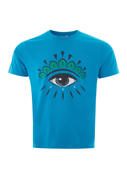 Blaues T-Shirt aus Baumwolle mit kontrastierendem Augendruck auf der Vorderseite