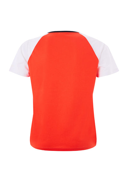Rotes T-Shirt aus Baumwolle mit kontrastierenden weißen Ärmeln