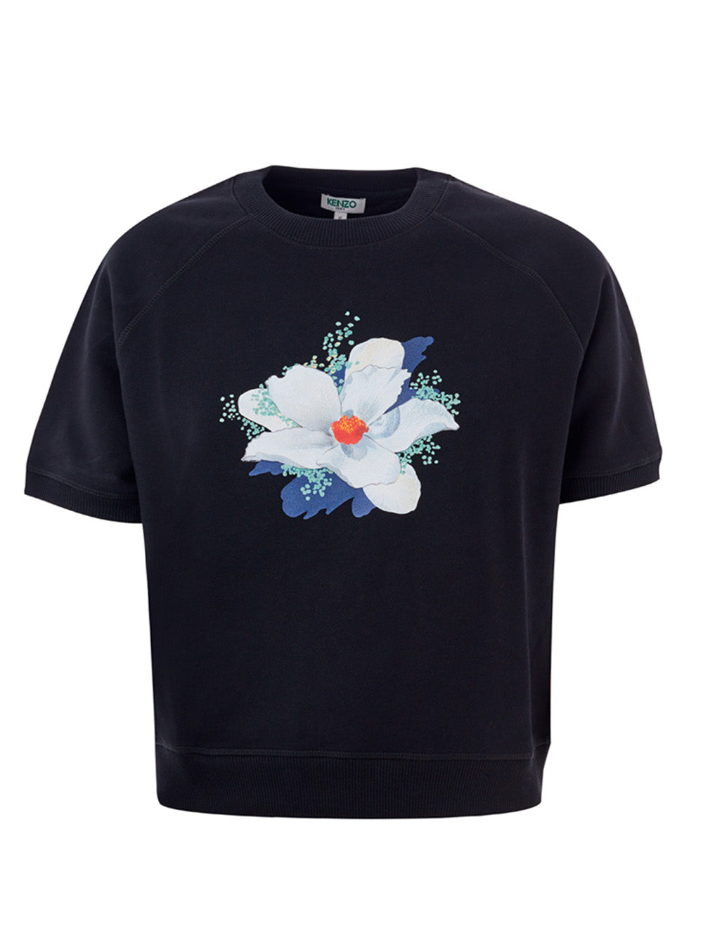 Schwarzes T-Shirt aus Baumwolle mit Blumendruck an der Seite