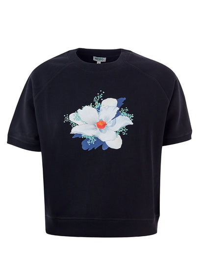 Schwarzes T-Shirt aus Baumwolle mit Blumendruck an der Seite