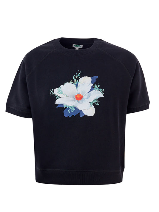 Schwarzes T-Shirt aus Baumwolle mit Blumendruck an der Seite