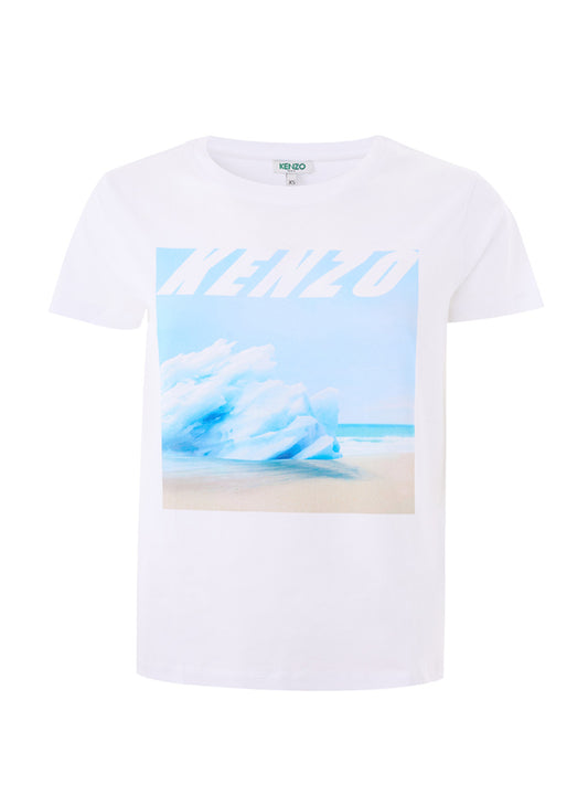 Weißes T-Shirt aus Baumwolle mit wellenblauem Aufdruck