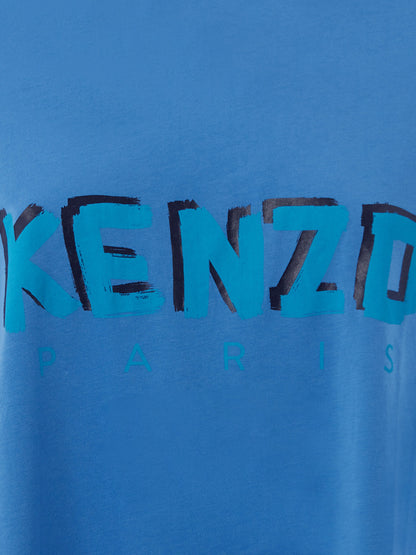 Blaues Baumwoll-T-Shirt mit kontrastierendem Malerei-Logo