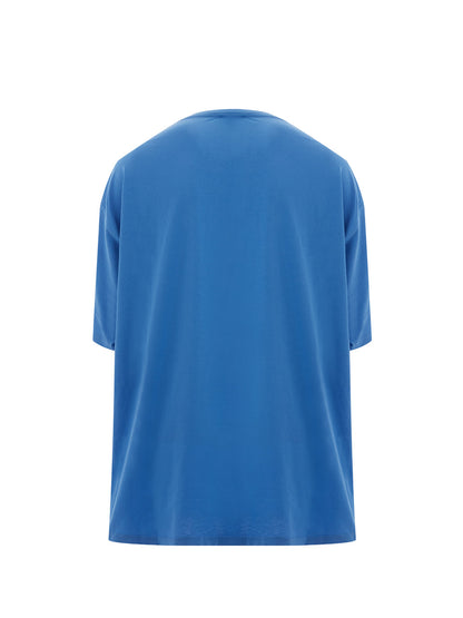 Blaues Baumwoll-T-Shirt mit kontrastierendem Malerei-Logo