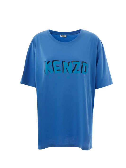 Blaues Baumwoll-T-Shirt mit kontrastierendem Malerei-Logo