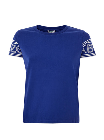 Blaues T-Shirt aus Baumwolle mit kontrastierendem Logo auf den Ärmeln
