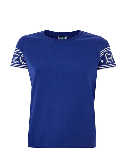 Blaues T-Shirt aus Baumwolle mit kontrastierendem Logo auf den Ärmeln
