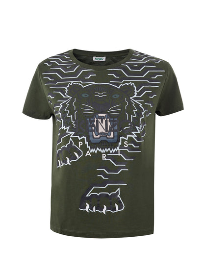 Grünes T-Shirt aus Baumwolle mit kontrastierendem Tiger-Print