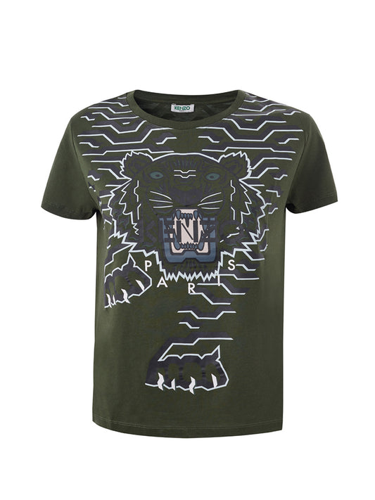 Grünes T-Shirt aus Baumwolle mit kontrastierendem Tiger-Print