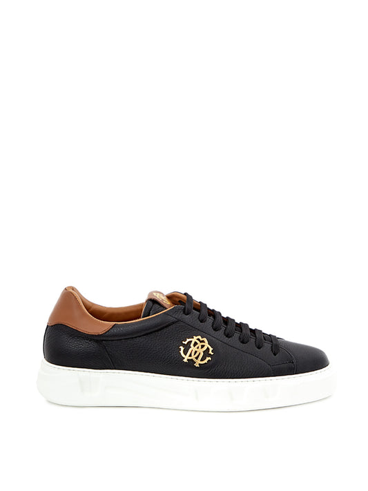 Schwarze Leder-Sneakers mit goldenem Logo