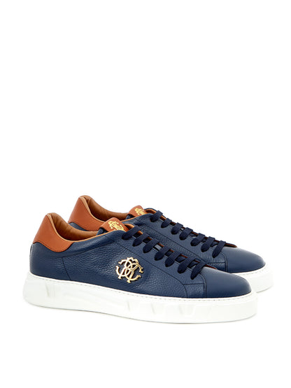 Blaue Leder-Sneakers mit goldenem Logo