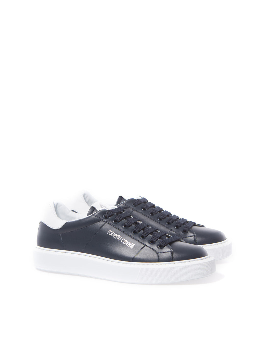 Blaue Leder-Sneakers mit silbernem Logo