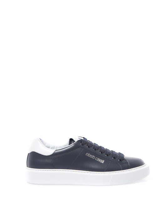 Blaue Leder-Sneakers mit silbernem Logo