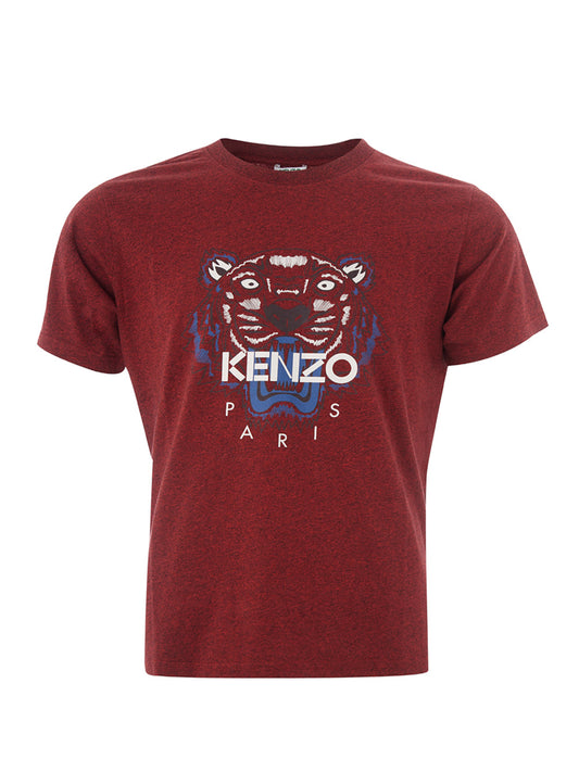 Bordeauxfarbenes T-Shirt aus Baumwolle mit kontrastierendem Tigerdruck