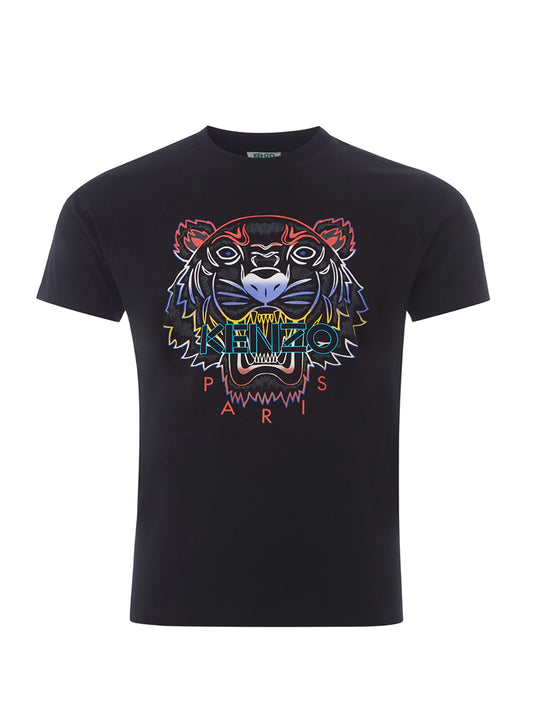 Schwarzes Baumwoll-T-Shirt mit kontrastierendem mehrfarbigem Tiger-Print