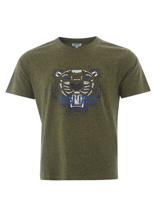 Grünes T-Shirt aus melierter Baumwolle mit Tiger-Print