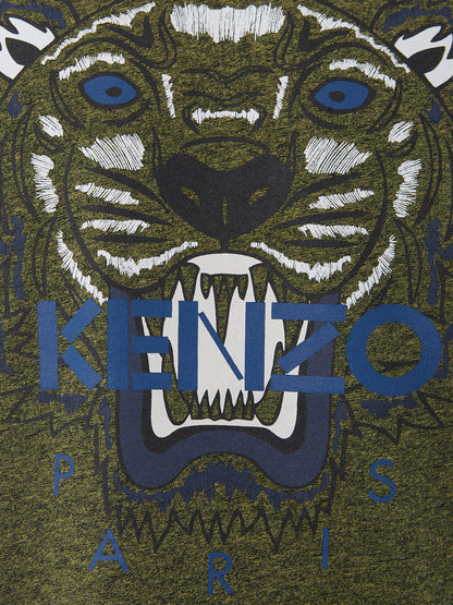 Grünes T-Shirt aus melierter Baumwolle mit Tiger-Print