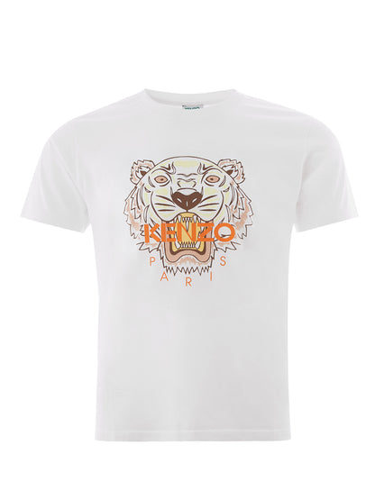 Weißes T-Shirt aus Baumwolle mit orangefarbenem Tiger-Print