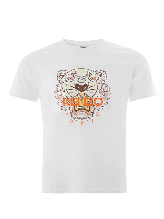 Weißes T-Shirt aus Baumwolle mit orangefarbenem Tiger-Print
