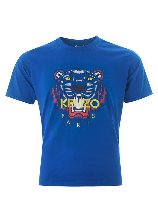 Blaues Baumwoll-T-Shirt mit kontrastierendem Tiger-Print