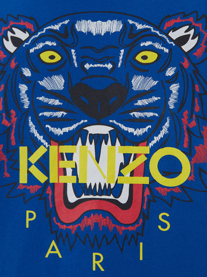 Blaues Baumwoll-T-Shirt mit kontrastierendem Tiger-Print