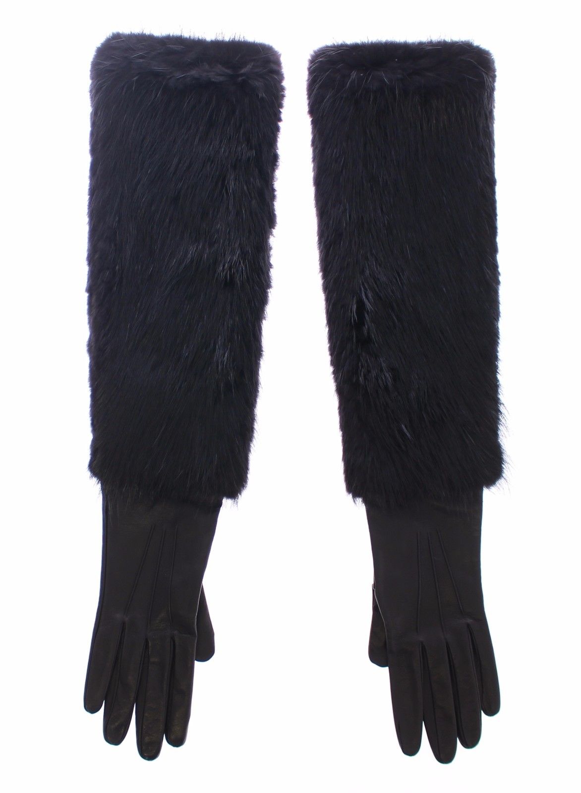 Schwarze Biberpelz-Lammfell-Leder-Ellbogenhandschuhe