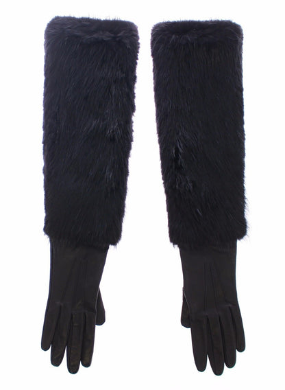 Schwarze Biberpelz-Lammfell-Leder-Ellbogenhandschuhe
