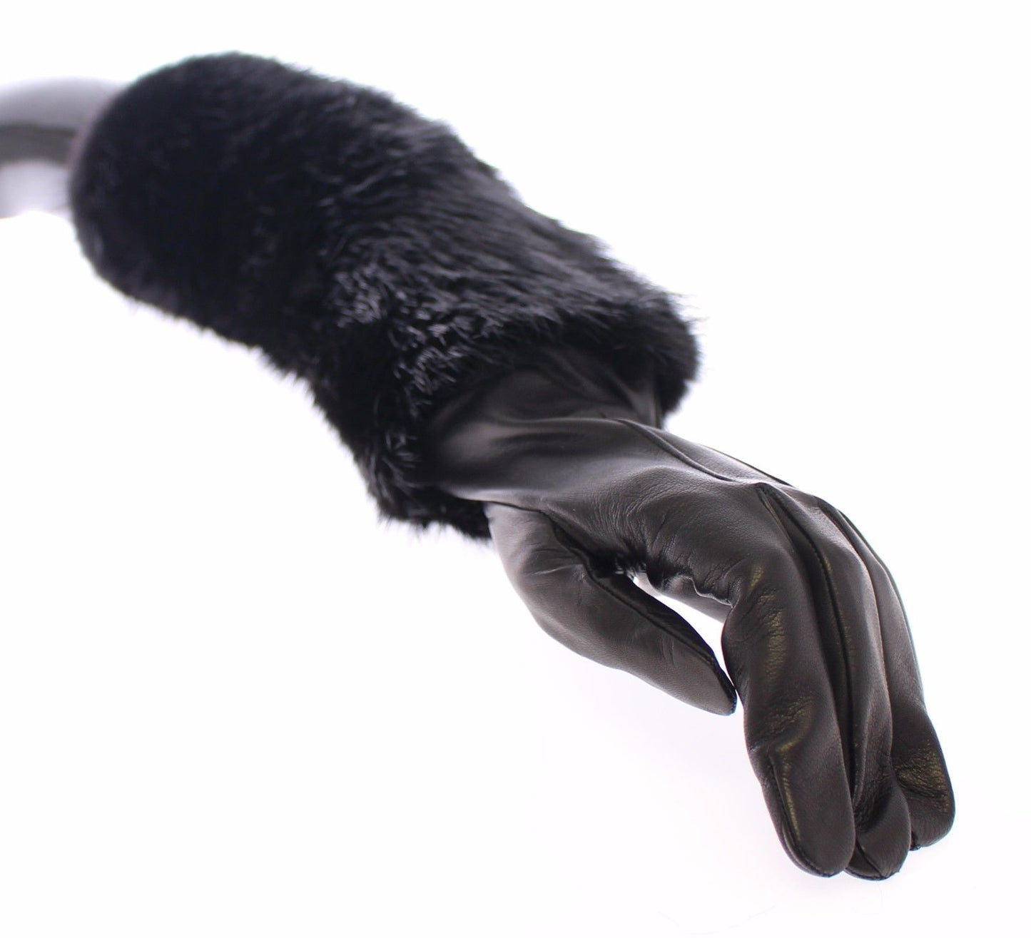 Schwarze Biberpelz-Lammfell-Leder-Ellbogenhandschuhe