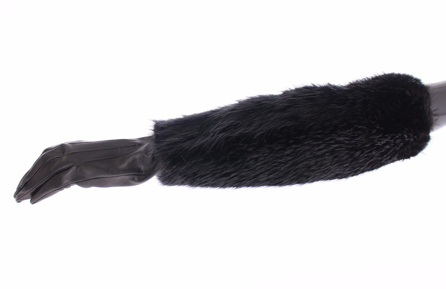 Schwarze Biberpelz-Lammfell-Leder-Ellbogenhandschuhe
