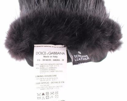 Schwarze Biberpelz-Lammfell-Leder-Ellbogenhandschuhe