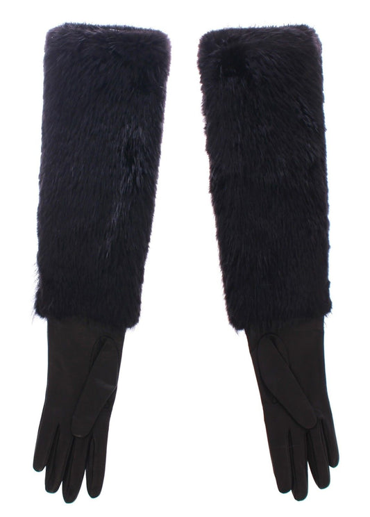Schwarze Biberpelz-Lammfell-Leder-Ellbogenhandschuhe