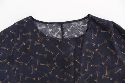 Blau-goldene Seidenbluse mit Schlüsseldruck