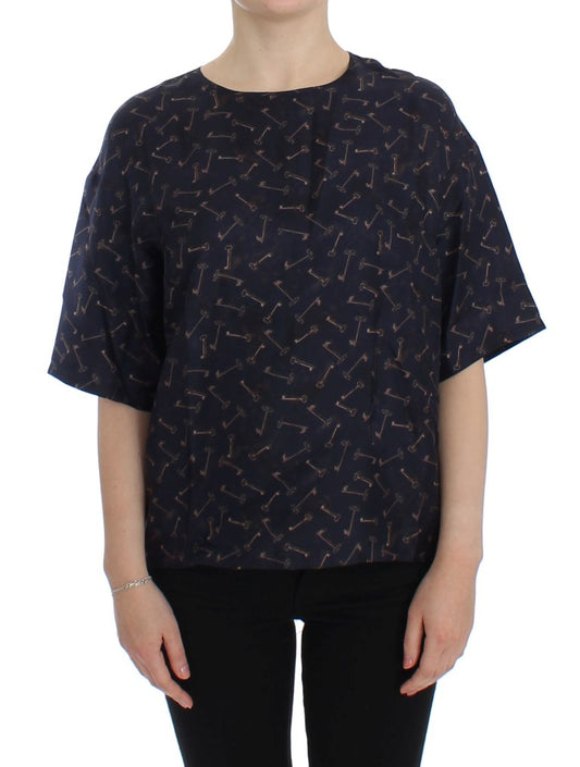 Blau-goldene Seidenbluse mit Schlüsseldruck