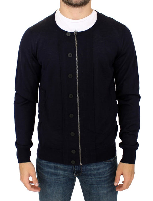 Blauer Strickpullover mit durchgehendem Reißverschluss