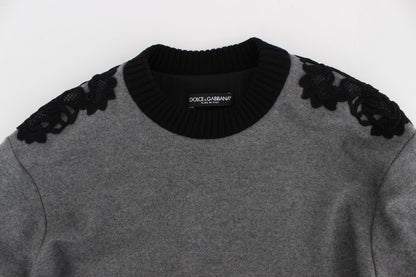 Grauer schwarzer Spitzenpullover aus Wolle und Kaschmir