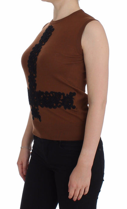 Braun Wolle Schwarz Spitze Weste Pullover Top