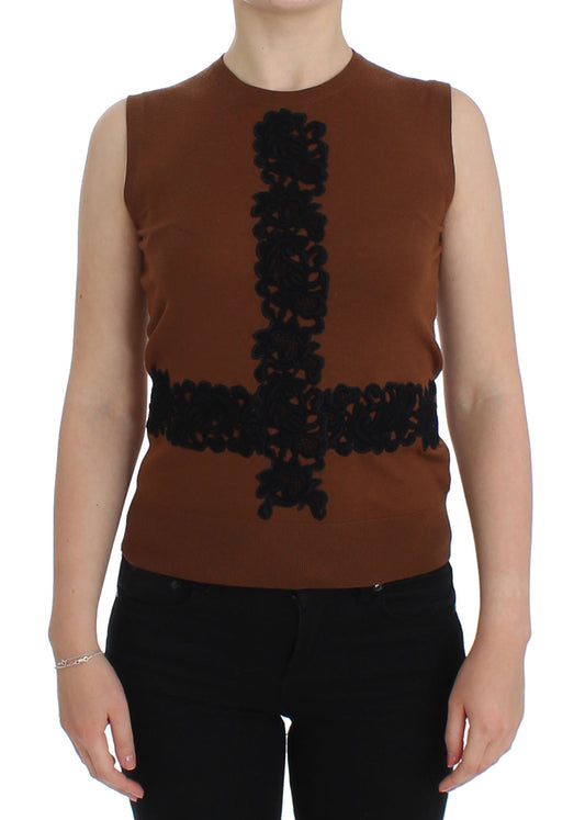 Braun Wolle Schwarz Spitze Weste Pullover Top