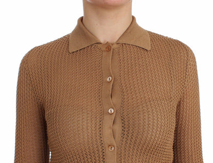 Beige gestrickter Baumwoll-Polo-Strickpullover