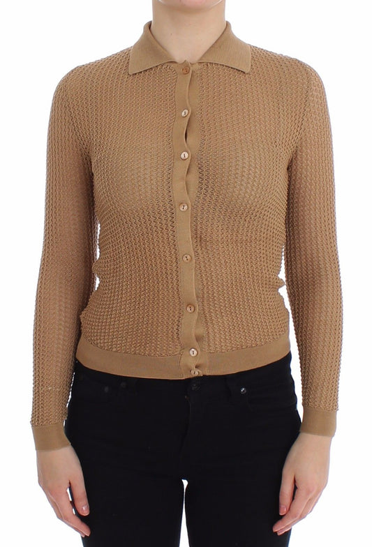 Beige gestrickter Baumwoll-Polo-Strickpullover