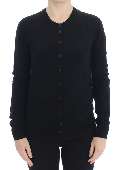 Schwarze Wollstrickjacke mit Knopfleiste