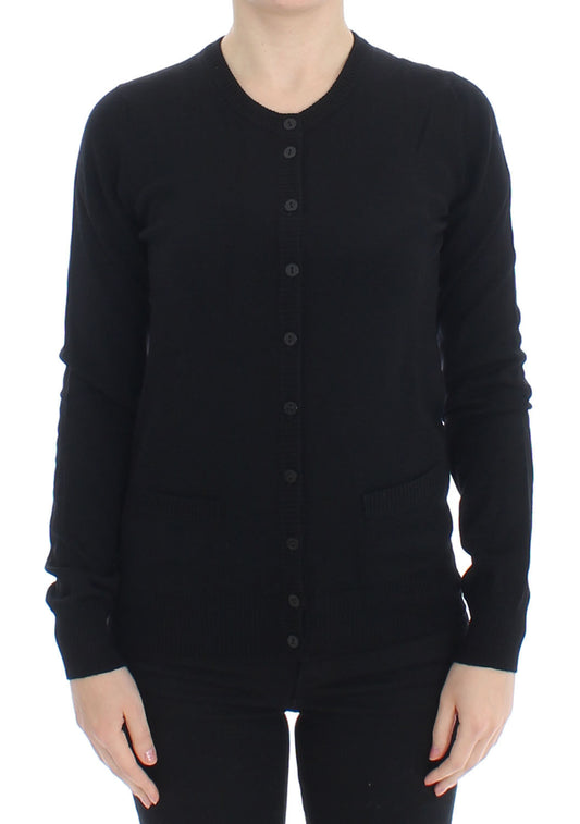 Schwarze Wollstrickjacke mit Knopfleiste