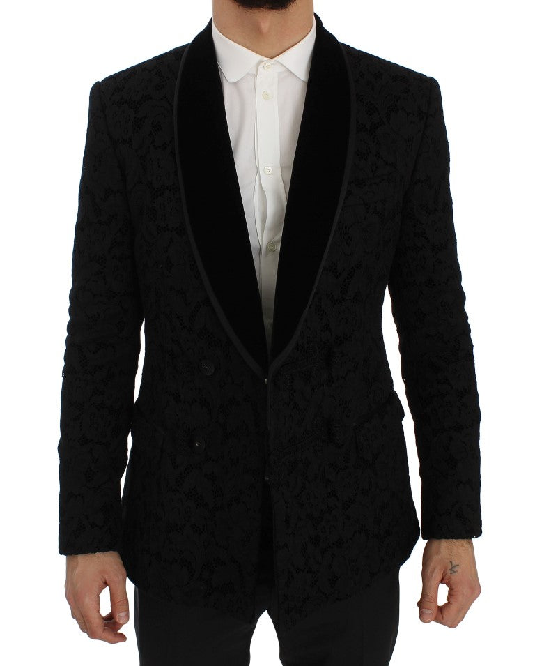Schwarze geblümte Ricamo Slim Blazer Jacke
